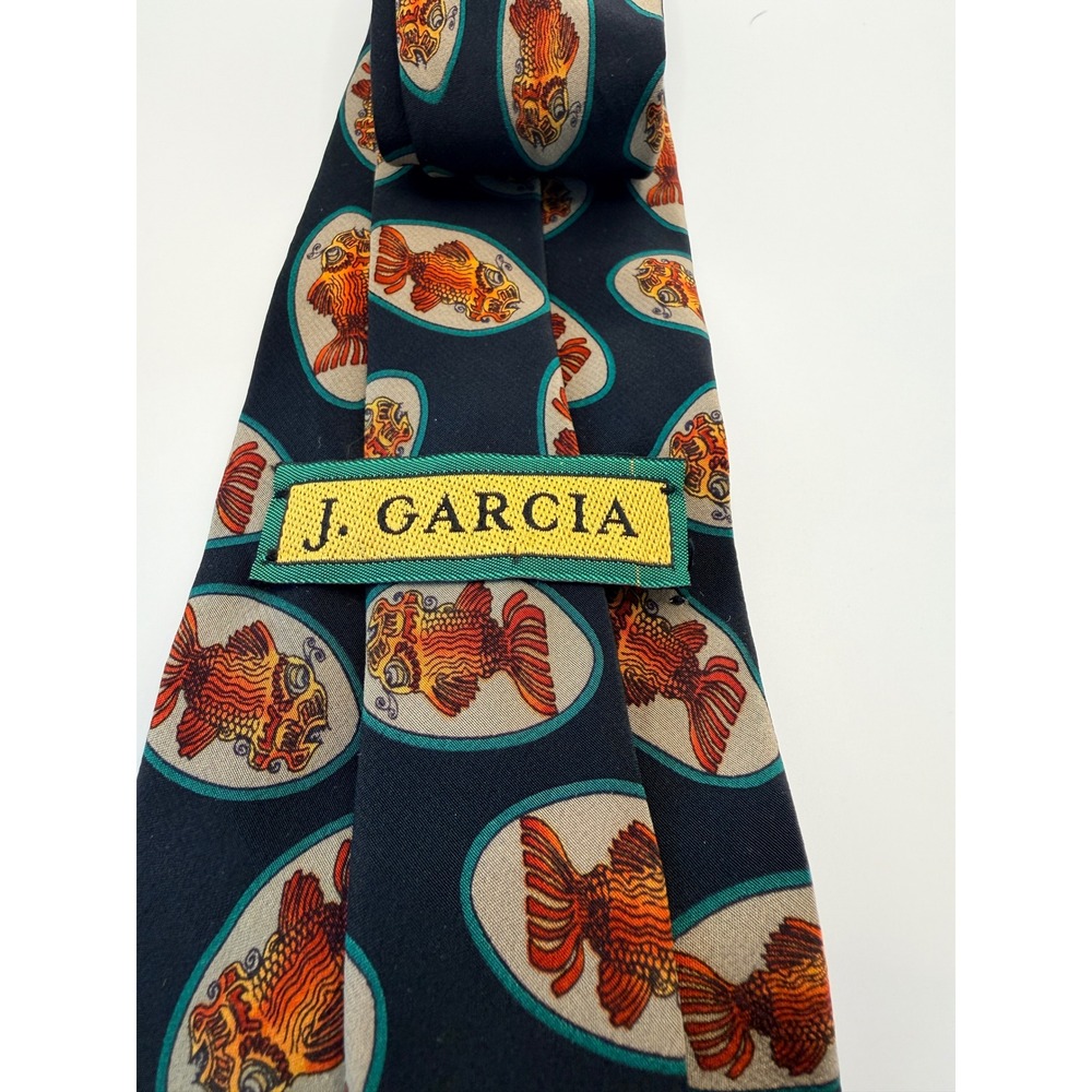 J. Garcia Mens Silk Necktie Psychedelic Goldfish Print Navy Blue Orange USA Made
